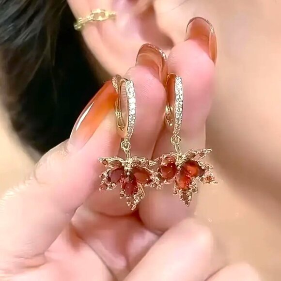 Earrings Maple Leaf Fall Harvest Dangle Leaves Gold Rhinestones Minimalist Glam - Picture 2 of 6